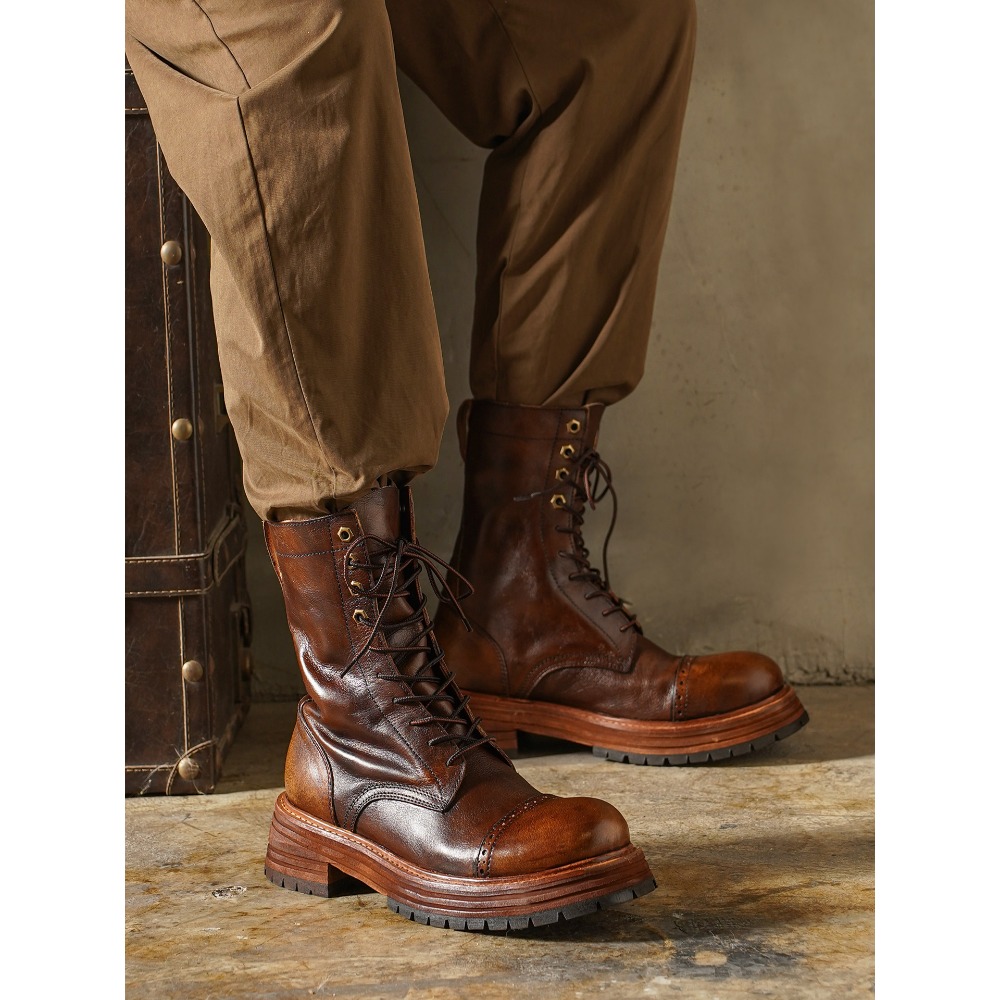 Men'S Shoes Brogues - Herren-Motorradstiefel aus echtem Leder, Brogue-Schuhe, Retro-Stil,